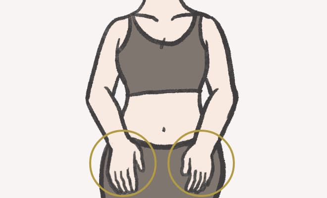 上前腸骨棘を手で触り、反り腰の姿勢か確認するイメージイラスト